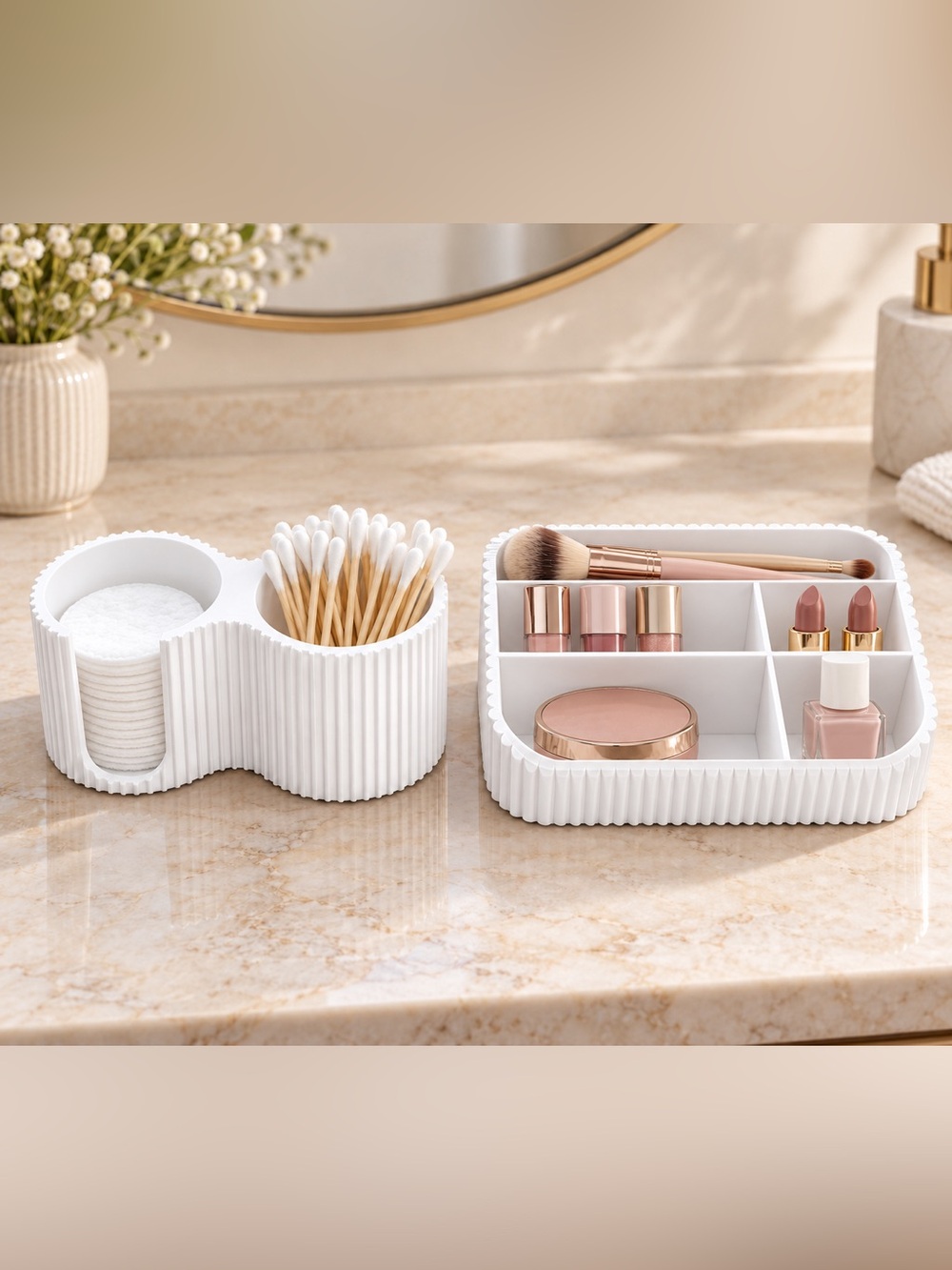 White Ribbed Cosmetic & Cotton Organizer Set - Home Storage